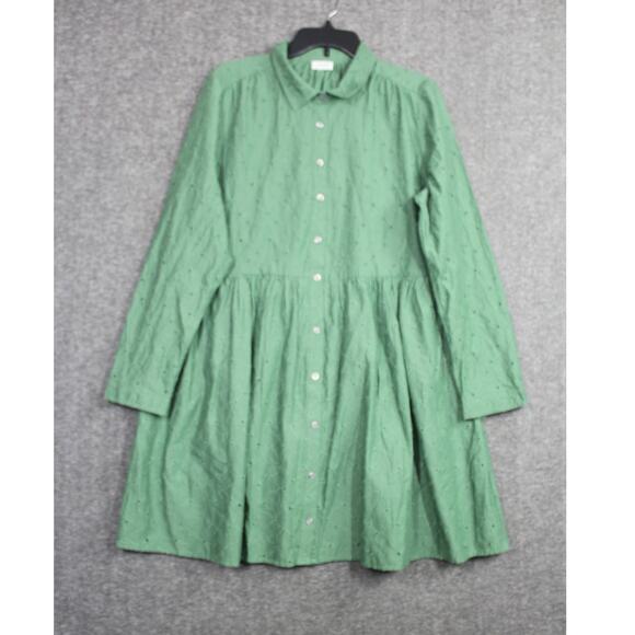 J Crew Dress Womens 16 Green Button Eyelet Lace Country Cottage Collared - Picture 1 of 6